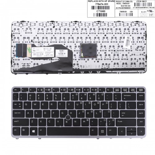 Πληκτρολόγιο HP EliteBook 840 G1 850 G1, Μαύρο Ασήμι, με Pointing Stick, US/UK
