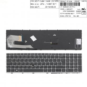 Πληκτρολόγιο HP EliteBook 755 G5 850 G5 ZBook 15u G5, Μαύρο Ασήμι, με Pointing Stick, Original, US/UK